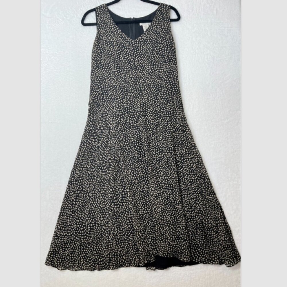VTG Coldwater Creek 100% Silk Black Tan Polka Dots Aline Midi Classic Dress Sz 8